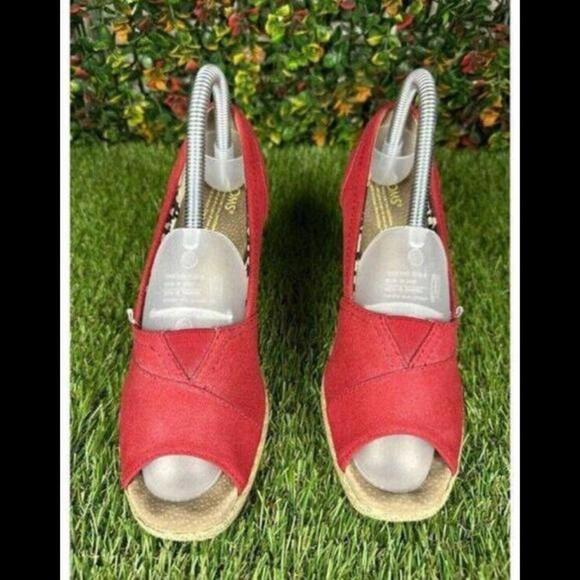Toms Womens Wedges Size 7.5W Wide Red Classic Canvas Espadrille Slip On Peep Toe - Picture 4 of 10